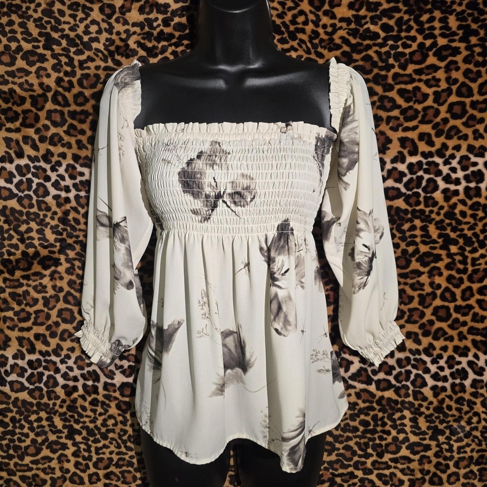 Express Cream Floral Smocked Blouse